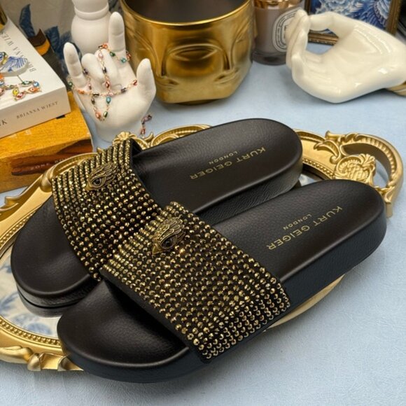 🆕 KURT GEIGER LONDON 🧿 NWOB Meena Eagle Black & Gold Studded Slide, Sz 6.5 - Picture 10 of 13
